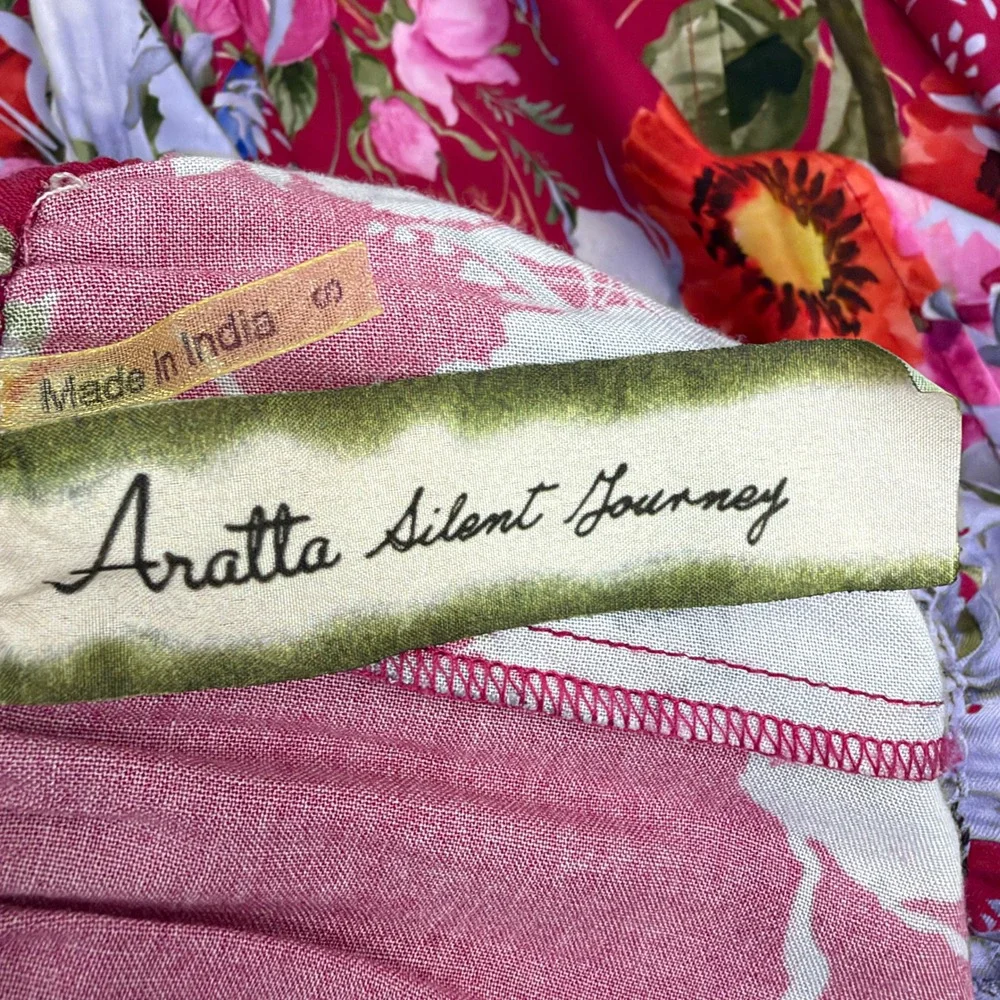 Aratta Silent Journey Pants Womens Small Red Floral Wide Leg Elastic Waist Boho